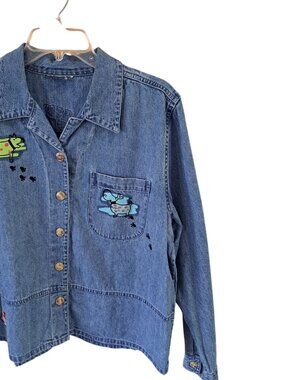 Christopher & Banks Dog Graphic 2 Piece Set Women's Denim Jacket Embroidered L